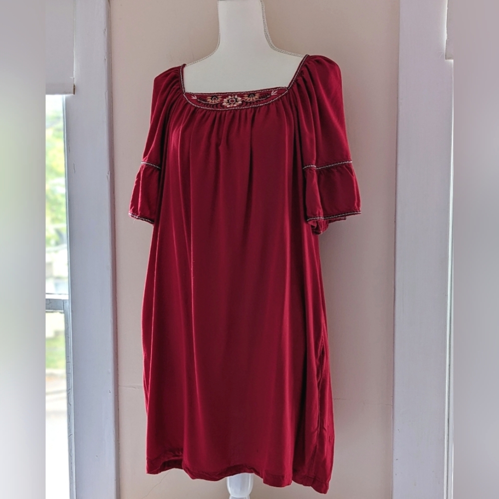 Max Studio Short Red Dress Embroidered  Ruffle Sleeve Pockets Oversized Small